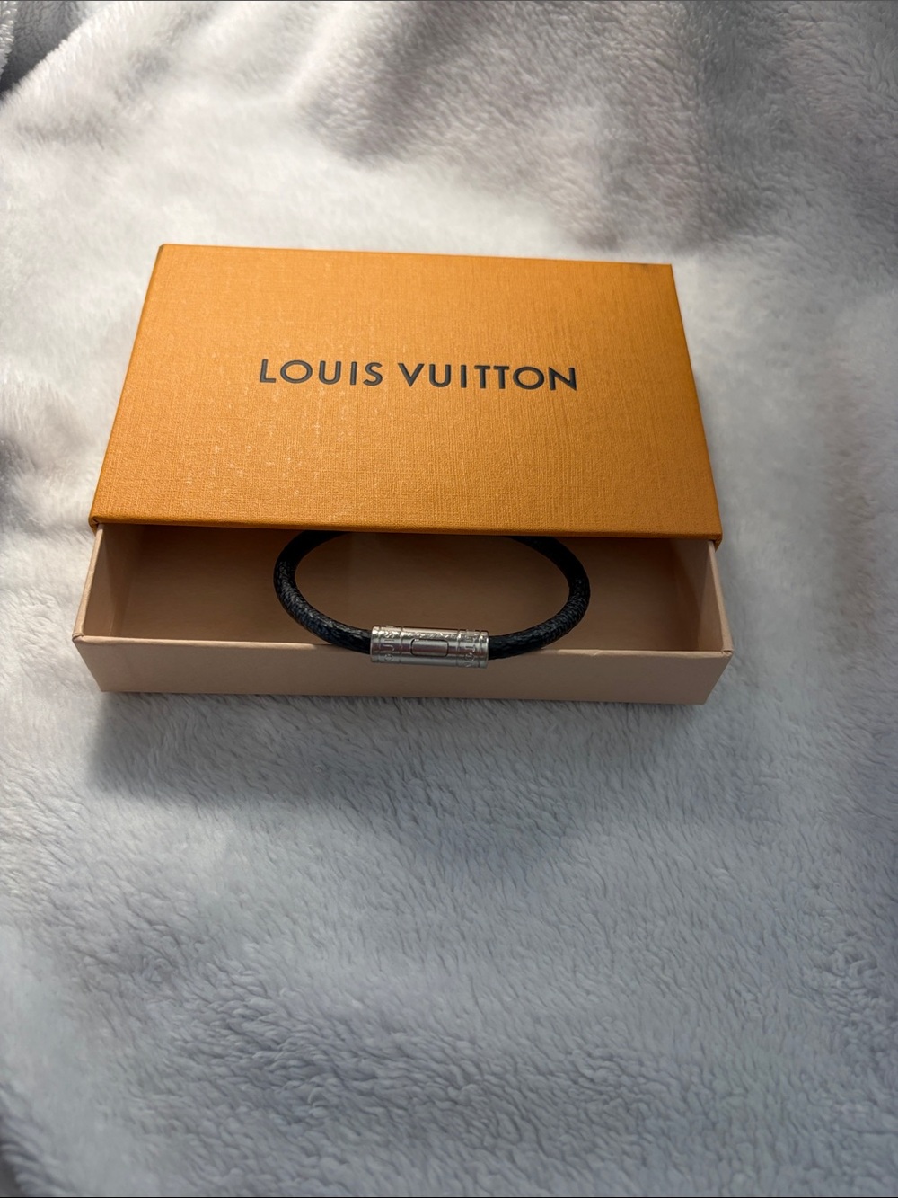 Louis Vuitton Black Braided Leather Bracelet with Silver-Tone Cylinder with box